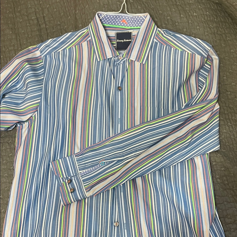 Tommy Bahama Men's Blue and Green Striped Shirt